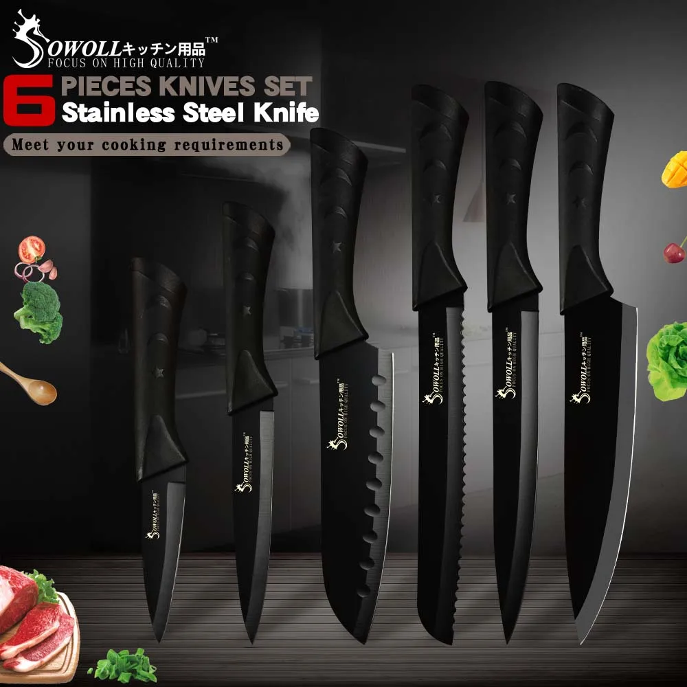 Sowoll набор кухонных ножей из нержавеющей стали весь черный нож с ABS ручкой шеф-повара для нарезки хлеба Santoku нож для очистки овощей