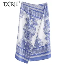 TXJRH модные сине-белые Цветочный принт юбка Винтаж Для женщин Разделение ассиметричное, неправильной формы, высота до середины голени, с разрезом юбка миди Femme с коротким и широким подолом