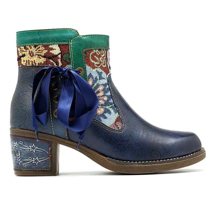 Socofy/женские ковбойские ботинки в западном стиле; Женская обувь в стиле ретро; женские ботильоны из натуральной кожи с бантом на молнии; ботинки на не сужающемся книзу массивном каблуке