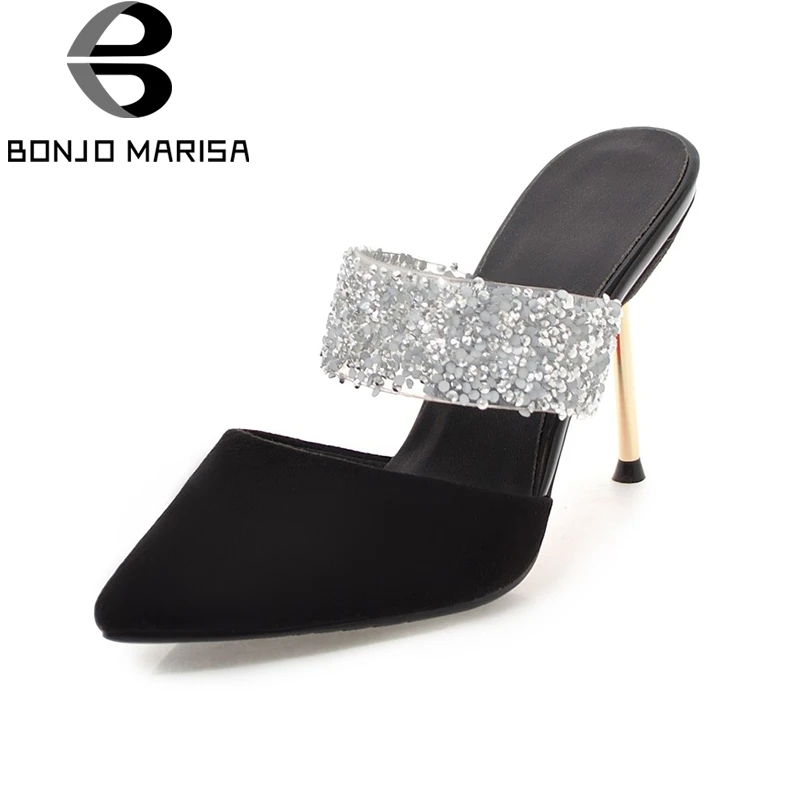 

BONJOMARISA 2019 Cow Suede Plus Size 32-43 Slip On Women Pumps Woman Pointed Toe Casual Thin High Heels Mules Pumps