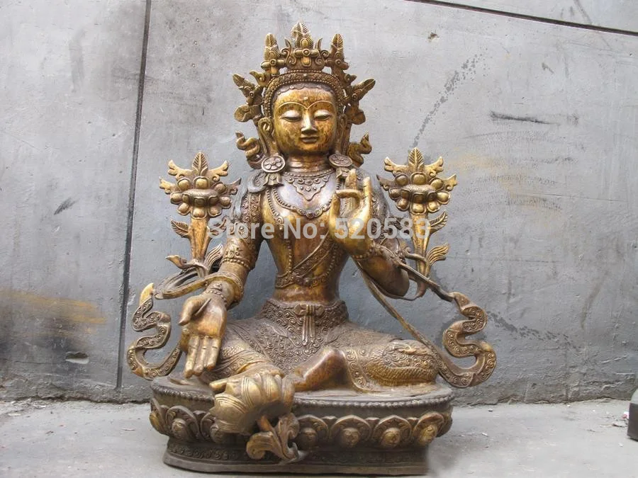 

free 26"Tibet Old Bronze classical Dragon Green TaRa Guan Yin Buddha Statue fast