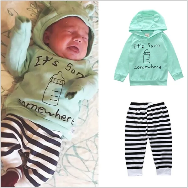 

2017 Autumn Baby Boys Girls Clothing Set Infant kids Clothes Set Long Sleeve Hooded T-shirt+Striped Pants 2pcs Newborn Suit