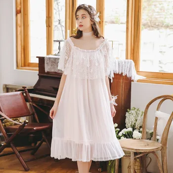 

Womens Beautiful Nightgowns White Mesh Sweet Princess Korean Nightdress Soft Yarn Light Green Lace Home Dress Ruffles Sleeping