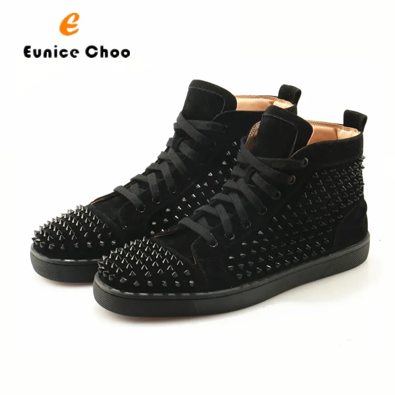 

Eunice Choo Rivet Lace Up Men Ankle Boots Solid Fashion Men Sneakers Pink Red Black Fashion Lovers Leather Boots Plus Size