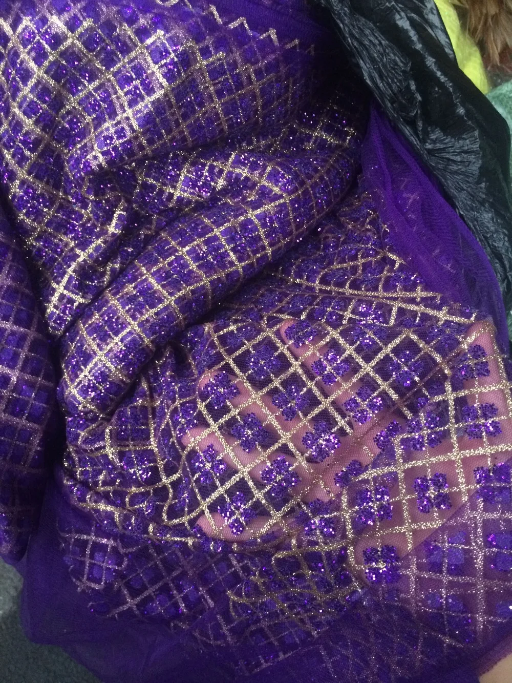 LJY 61921 Tulle Lace Fabric Embroidered Tulle Fabric With glitter French Cord Lace in purple and