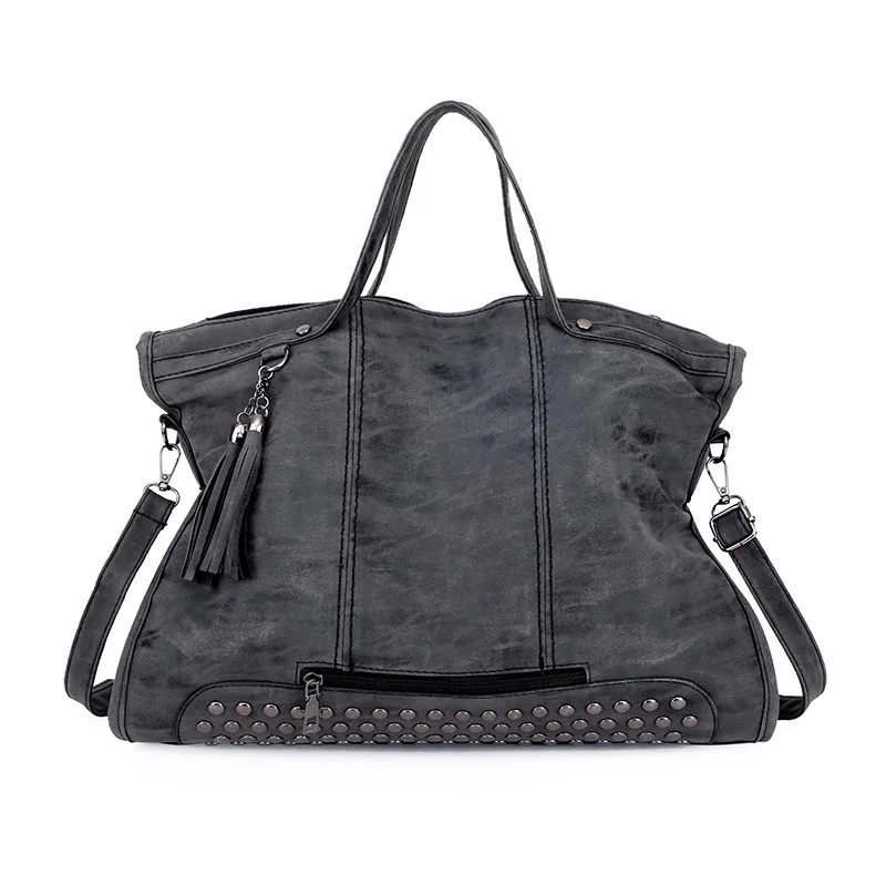 Scrub Rivet Soft Leather Bag New Fashion Tassel Handbag Large Capacity Casual Wild Shoulder Messenger Bag Female - Цвет: Dark Gray