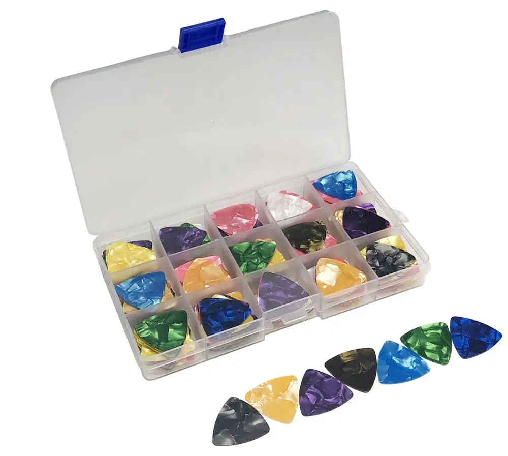 

100pcs Triangle Shape Quality Celluloid Acoustic Electric Guitar Picks 0.46mm With Pick Case 15 Grid Storage Box