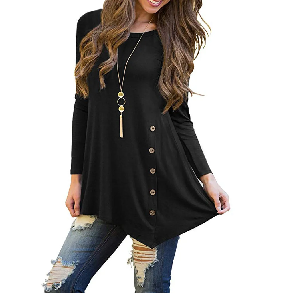 feitong High Quality T Shirt Women Long Sleeve Loose Button Trim Tshirt