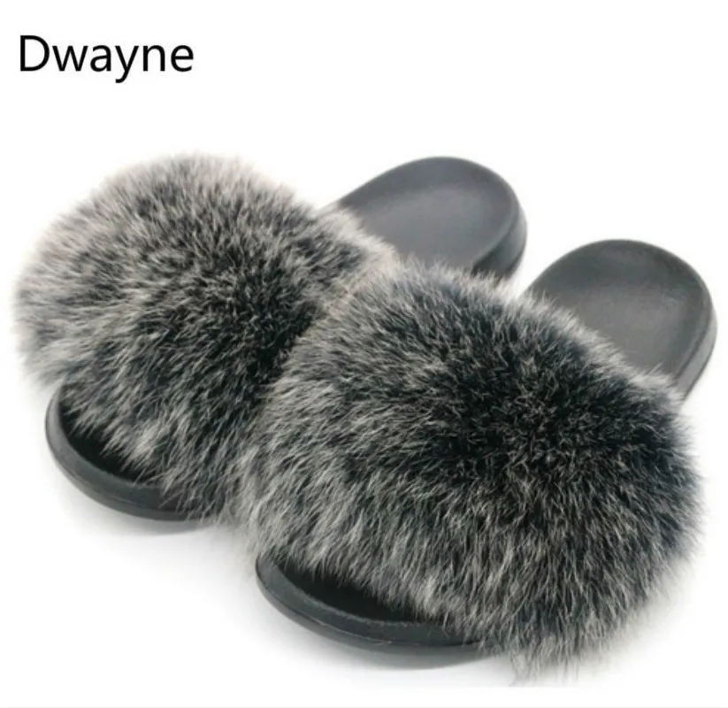 Dwayne/женские пушистые тапочки; женские милые плюшевые пушистые тапочки с лисьим мехом; женские меховые тапочки; зимние теплые тапочки для женщин; Лидер продаж - Цвет: Frost Black
