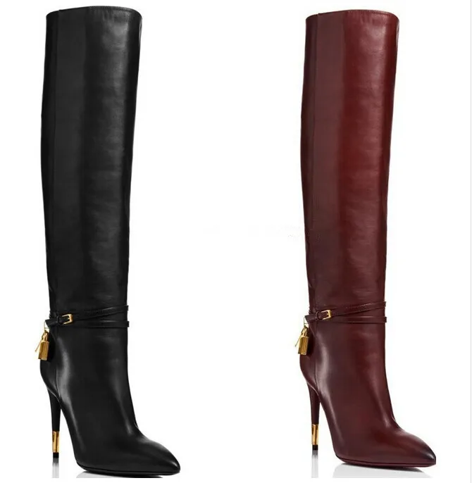 2014 Hot popular Gold padlock ankle strap knee high boots high thin
