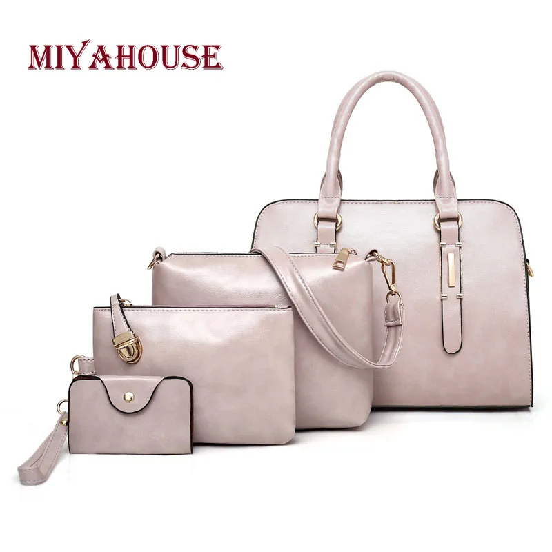 

Miyahouse Four-Piece Set Handbag For Women Oil Wax Multifunction Shoulder Bag Female Solid Color Messenger Bag Large Capacity