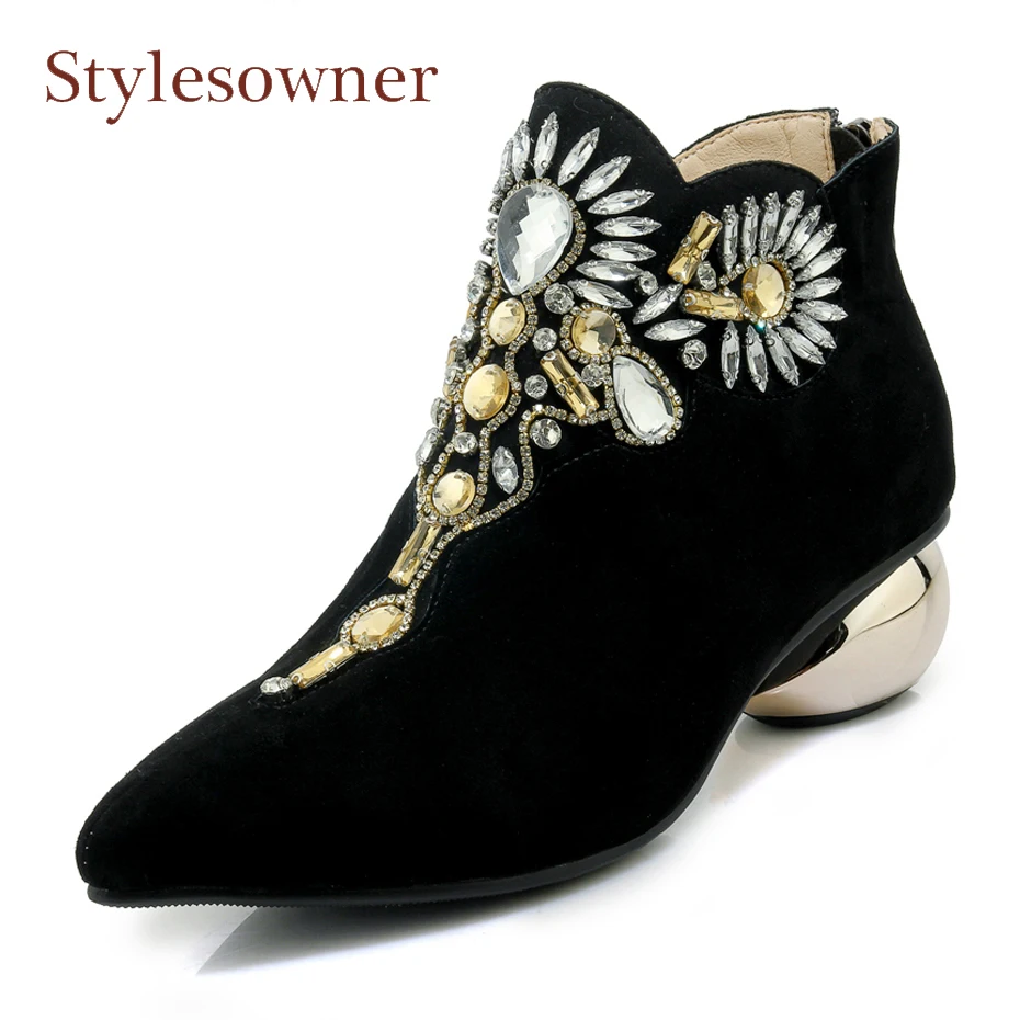 

Stylesowner fashion rhinestones women ankle boots suede pointed toe strange middle heel elegant lady dress party shoes boots new