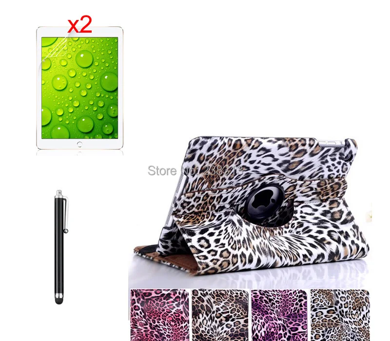 

Leopard 360 Degree Rotary Stand PU Leather Funda Cover Case + 2*Clear Screen Films + Stylus For Apple iPad Air2 iPad 6 Tablet