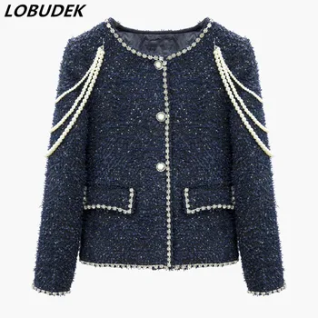 

Short Style Bling Rhinestones Sequins Beads Coat Women Autumn Winter Fashion Woolen Coats Female Casual Clothing Luxury Jackets