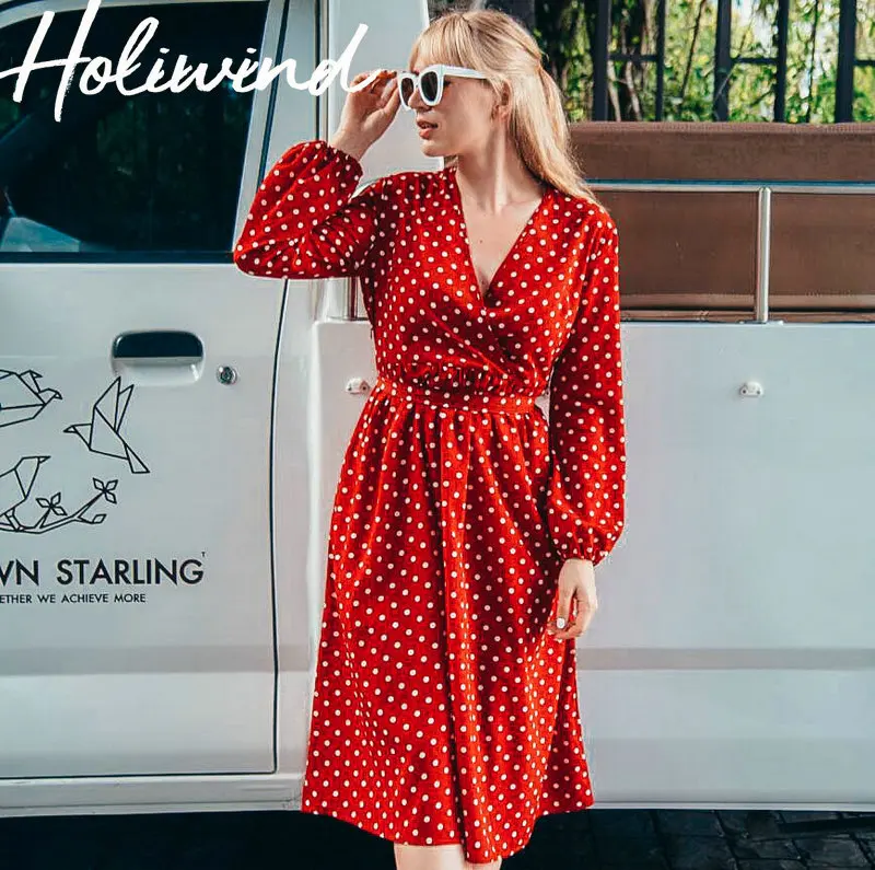 

2019 Spring Women Long Sleeves Polka Dots Red Dress V-neck Dots Vintage Dress robe femme robe longue