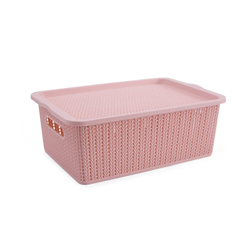 pink Пластик прямоугольная корзина для хранения с крышкой ручка ротанга ведро для хранения для рабочего стола для хранения в ванной, на кухне Органайзер - Цвет: pink