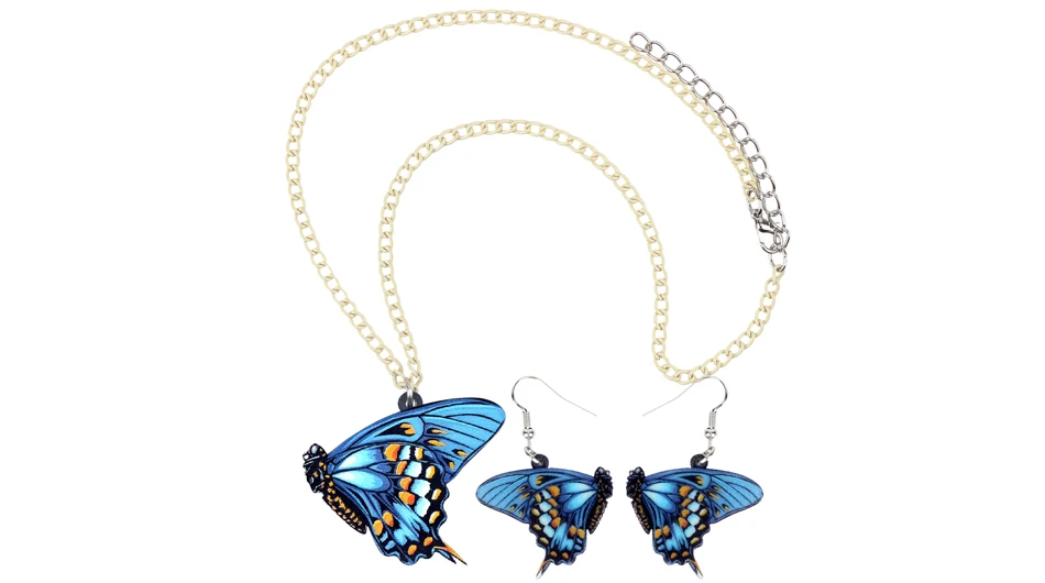 Bonsny акриловые элегантные летающие голубые бабочки серьги ожерелье воротник Насекомые ювелирные наборы для женщин украшения для девочек Аксессуары