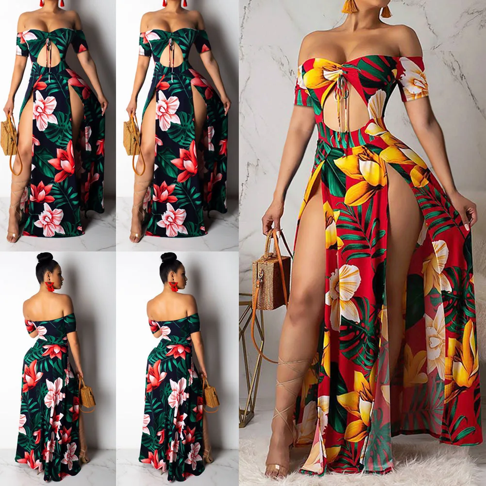 Boho пляжное платье женское с открытыми плечами ярлык настроенный ремешок печать отверстие Сплит длинный макси Одежда Лето с высоким вырезом летнее платье