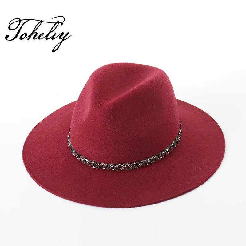 

Autumn winter New Wool Sequin chain Flat Top Hat For Women's Felt Wide Brim Fedora Hat Laday Bowler Gambler Top Hat