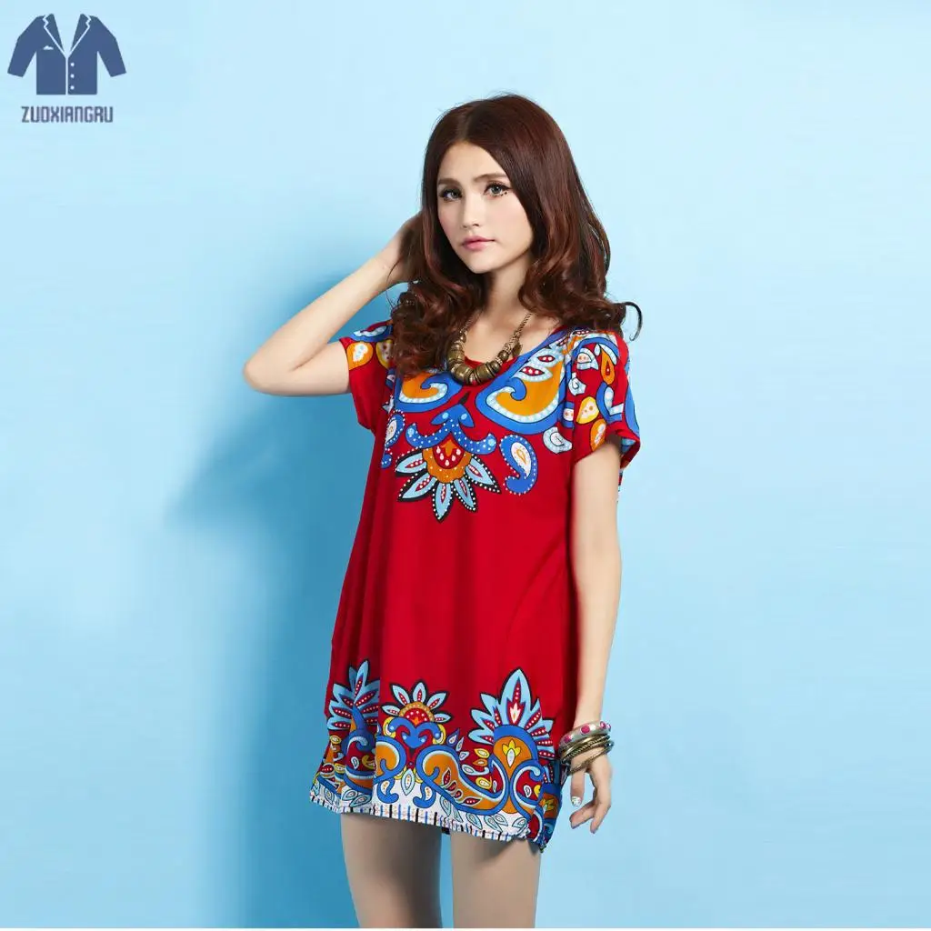 Cheap Clothes Chinese Woman Short Dress Large Size Ethnic Flower Retro Dress Cashew Flower Diamond Mini Retro Casual Dress