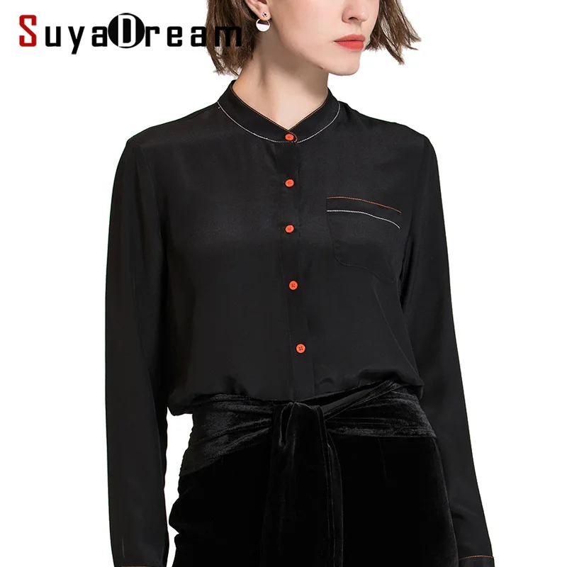 

Women Silk Blouse 100% REAL SILK chiffon Fashion long sleeved Single pocket blouse shirt Blusas femininas 2018 Fall Black