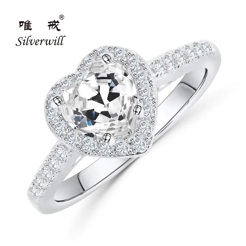 Silverwill милое Женское Обручальное кольцо 925 серебряных колец для женщин подарок на помолвку биджу с формой сердца ювелирные изделия с камнями