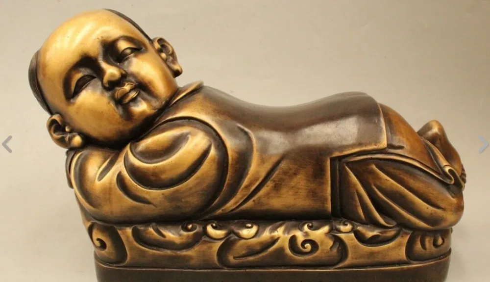 

9"China Chinese Folk Feng Shui Bronze Lucky beautiful Boy Tong Zi Go prone