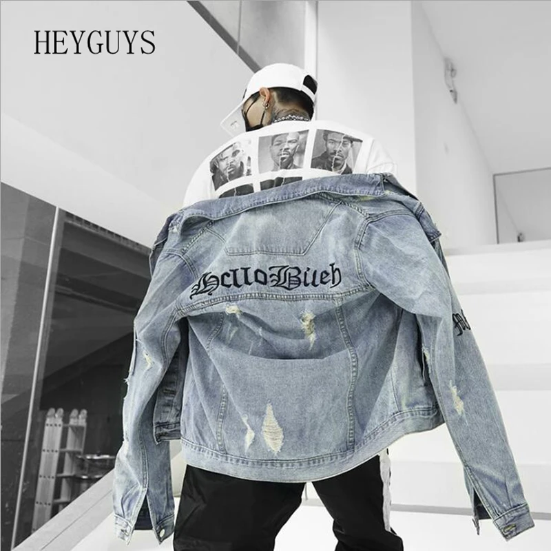 

new men's jacket Europe and the United States original jacket denim jacket cardigan loose letter embroidery hole denim jacket
