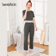 SweatyRocks, серый топ с кружевной отделкой и штаны, пижамный комплект, повседневный топ и длинные штаны, одежда для сна, летняя однотонная Пижама, женская одежда для сна