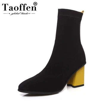 

Taoffen 2020 High Quality Women Ankle Boots Slip On Square High Heels Shoes Woman Autumn Winter Warm Socks Boots Size 34-43