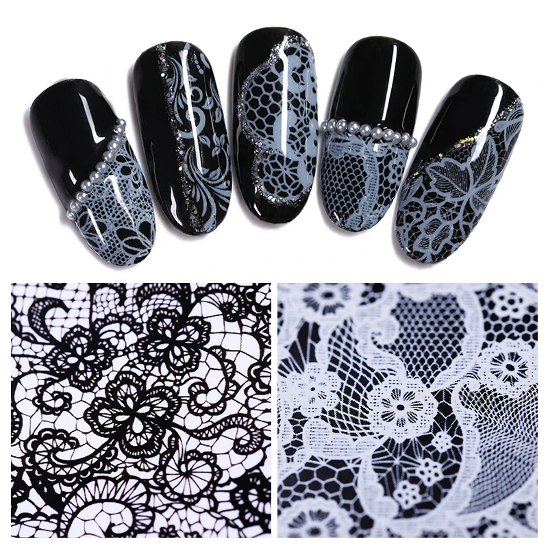 

10Pcs/Set Nail Art Foils Lace Theme White Black Flower Pattern Nail Polish Stickers Transfer Striping Tape Nail Art Decoration