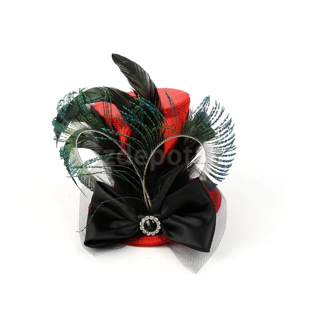 Vintage Women Ladies Black Feather Mini Top Hat Bowknot Hair Clip Fascinator Wedding Engagement Church Party Headwear