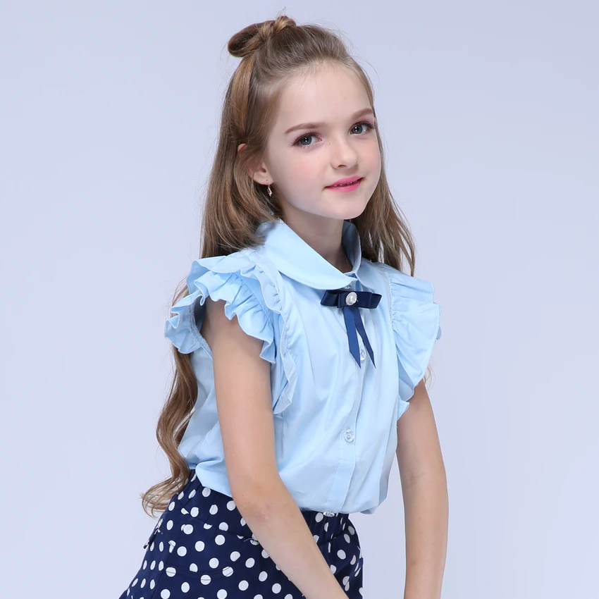  Kids Shirts for Girls Summer Petal Sleeve Blouses Child Solid Shirts School Girls Blue Tops 4 6 8 1