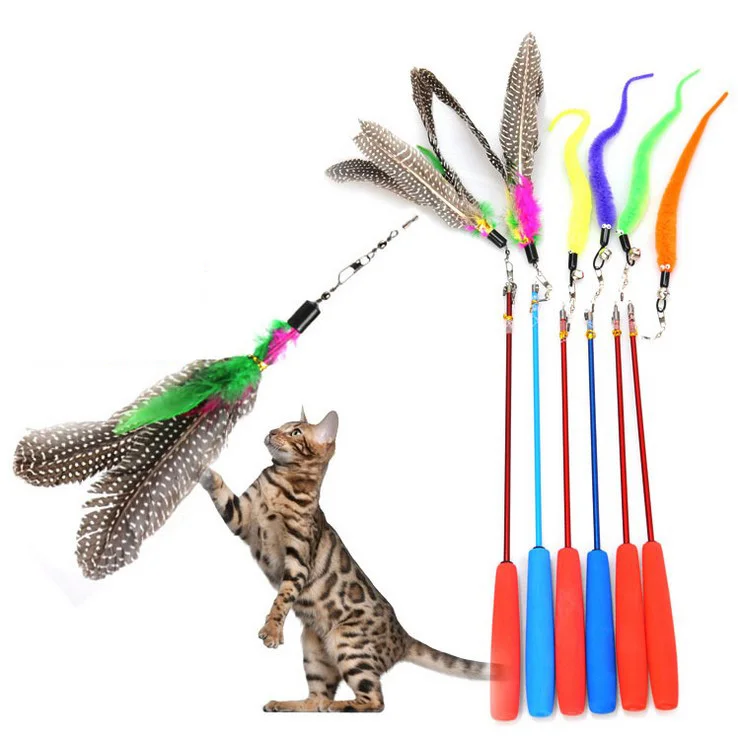 Three section telescopic Funny cat stick cats rod Natural feather