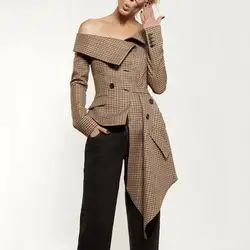 2018 Новый Осень Для женщин пиджаки пальто с длинным рукавом Асимметричная плед Новый Slash шеи офисные коричневый куртки пальто повседневная