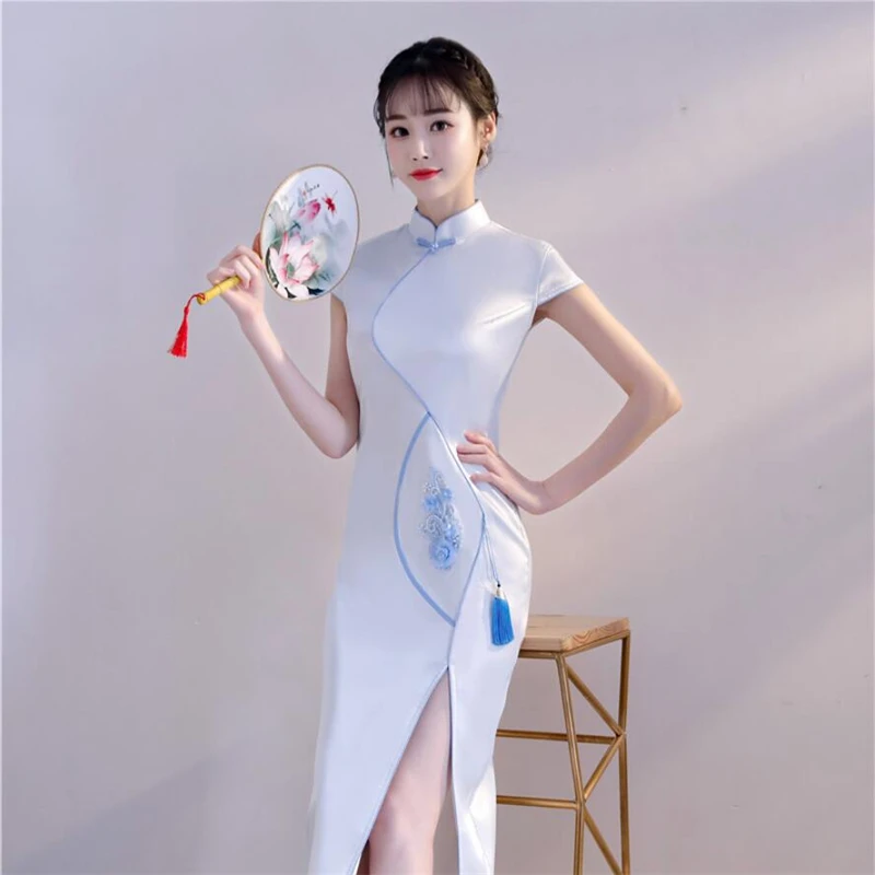 Современный длинный cheongsam 2019 женское шелковое платье qipao модифицированное