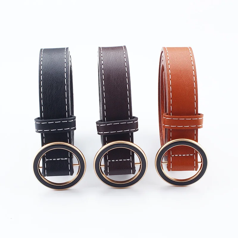

Fashion High Quality PU Leather Thin Belts for Women Metal O Ring Buckle Waist Belt Black Brown Jeans Waistband Cintos De Mujer