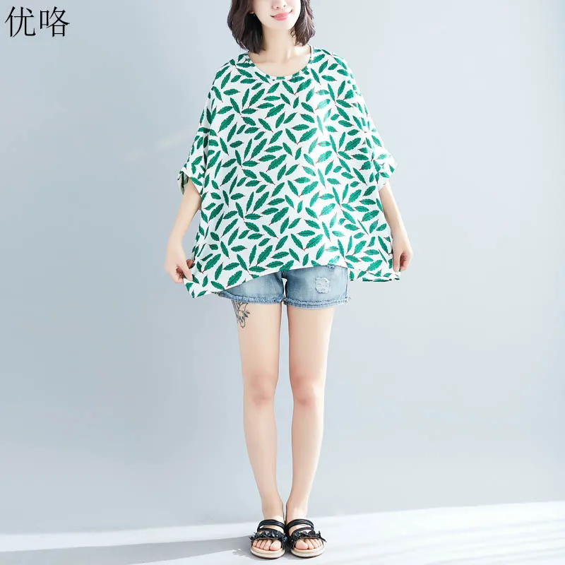

Plus Size Batwing Chiffon Blouse Shirt Women Korean Leaf Print Summer Shirts Oversize Loose Womens Tops And Blouses 4XL 5XL 6XL