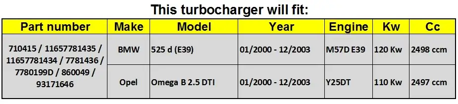 Турбокомпрессор GT2052V полный Турбокомпрессор 710415 для Opel Omega B 2,5 DTI Y25DT 110 кВт 150 л.с. 860049/93171646/93184500