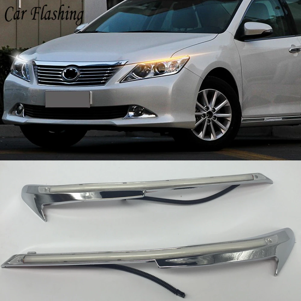 

1Pair Car Headlight LED Eyebrow Daytime Running Light DRL With Yellow Turn Signal Light For Toyota Camry 2012 2013 2014