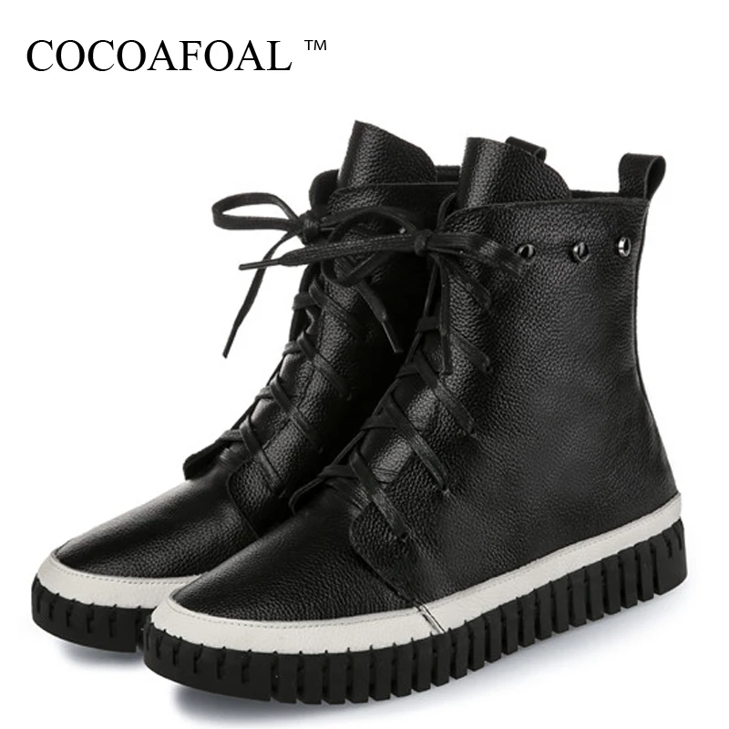 

COCOAFOAL Women's Platform Ankle Boots Genuine Leather Woman Shoes Autumn Winter Black White Genuine Leather Chelsea Boots Rivet