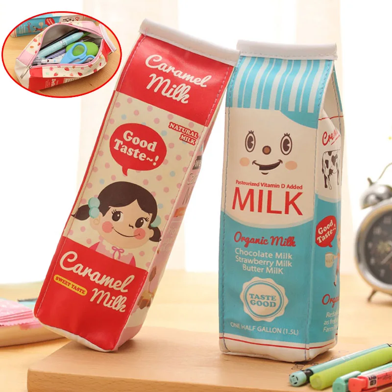 

New Lovely Simulation of Milk Cartons Pencil Case PU Leather Pen Storage Bag Stationery Pouch Storage Box Office School Supply