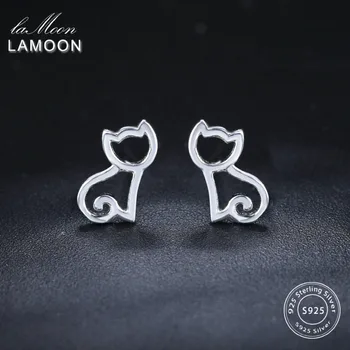 

LAMOON 925 Sterling Silver Earring For Women Hollow Cat Stud Earrings 18K White Gold Plated Fine Jewelry LMEY230