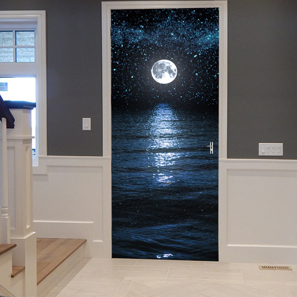 Море Лунная ночь 3d стерео Творческий двери Стикеры личность деревянная дверь украшения дома стены