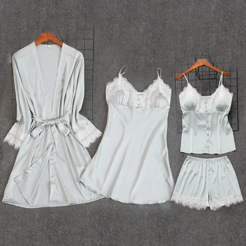 

Red Womens 4PC Strap Top Pants Suit Pajamas Sleepwear Sets Spring Home Wear Nightwear Sexy Kimono Robe Bath Gown Bathrobe M-XL
