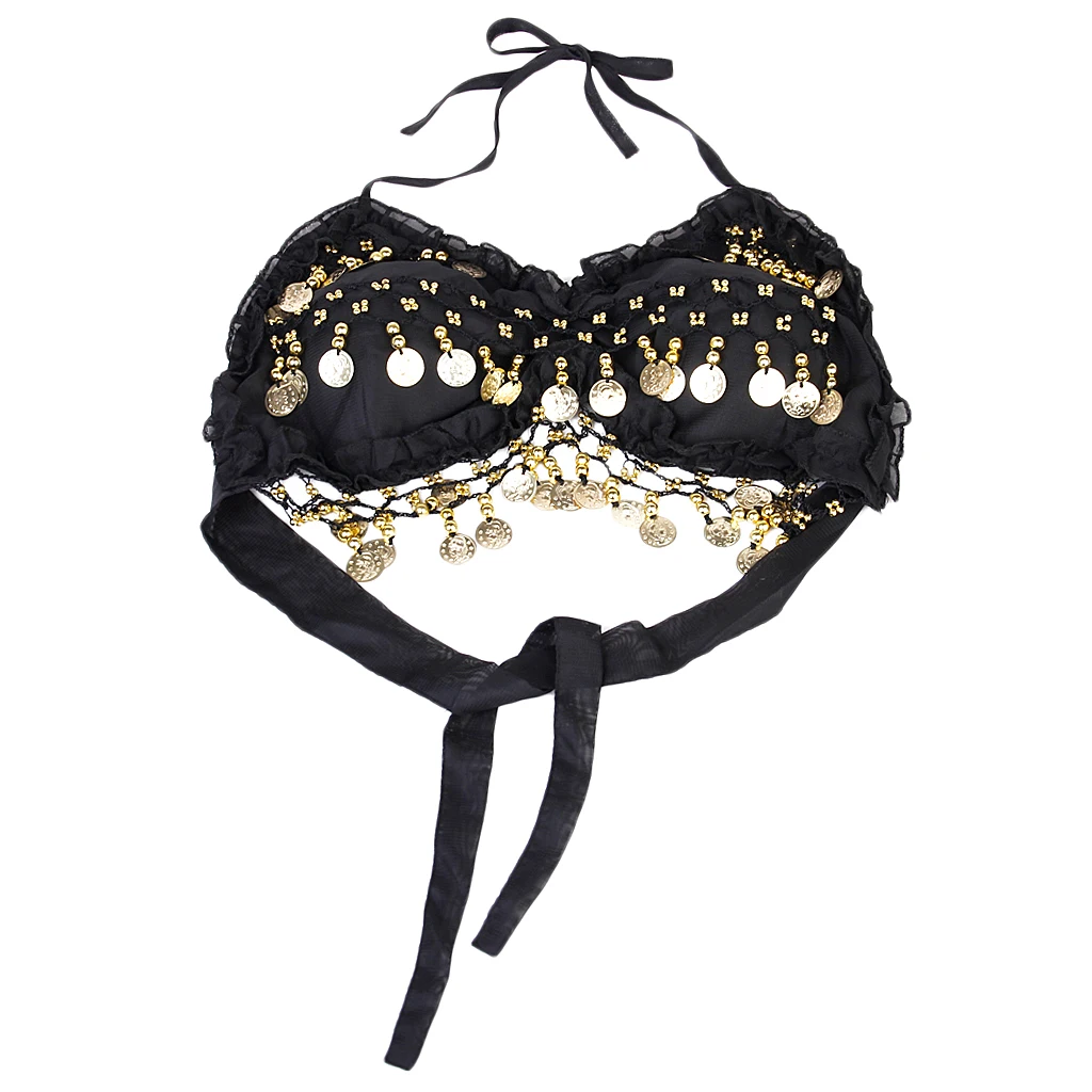 Fashionable Folded Lace Adorned Padded Back Lace Up Style Halter Bra Top Belly Dance Bra Top Costume Black