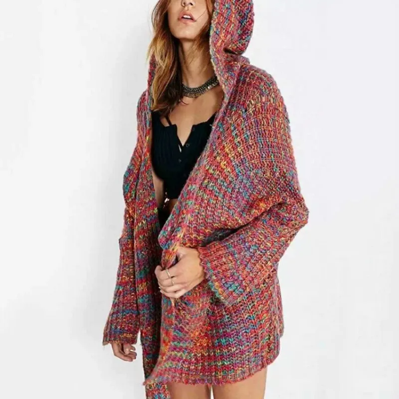 

Fall And Winter Color Mohair Loose Knitted Sweaters with Hooded 2019 Oversized Sweater Long Korean Womens Gardigan