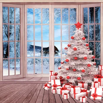 

Snow Tree Red Ball Wood Floor Window Winter Snowy World Christmas Backdrops Photography Backgrounds for Photo Studio 5'*6.5'
