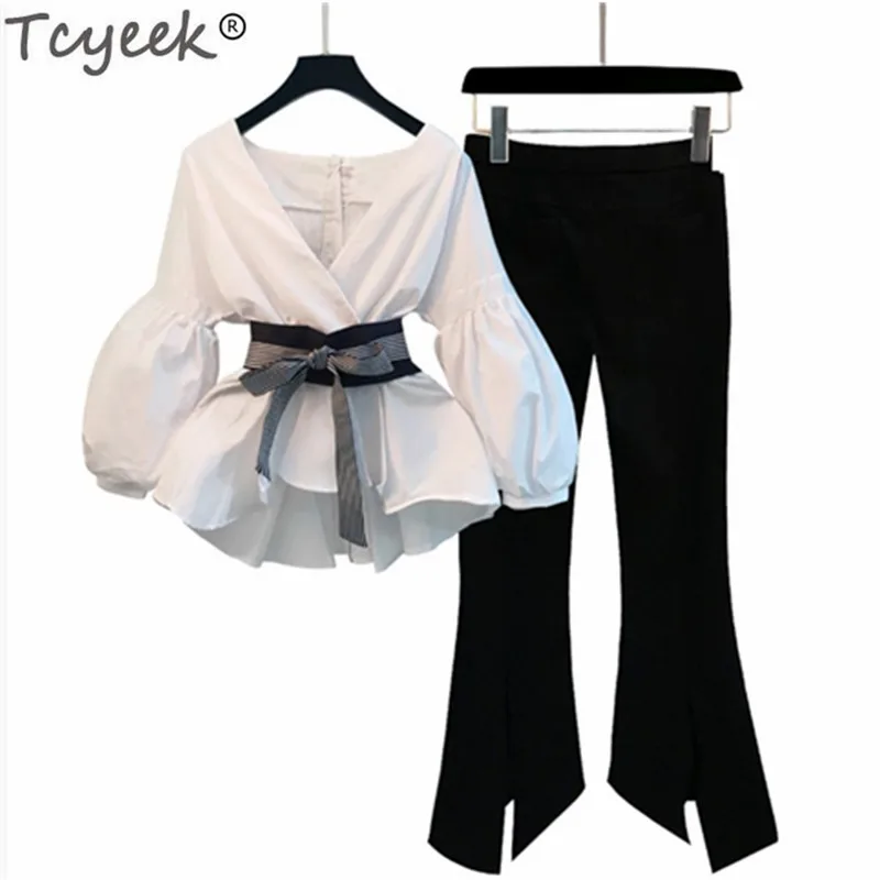 

Tcyeek 2019 Spring Autumn Two Piece Set Top and Pants Sexy V Neck Striped Blouses Female Suits Ladies Elegant Costumes LWL400