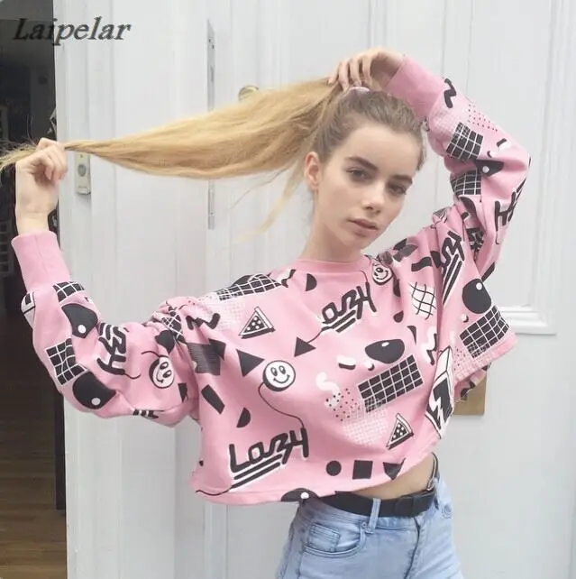

Laipelar Harajuku women brand Lazy oaf pink graffiti geometric cube smiley short section letters Pullover Sweatshirt women
